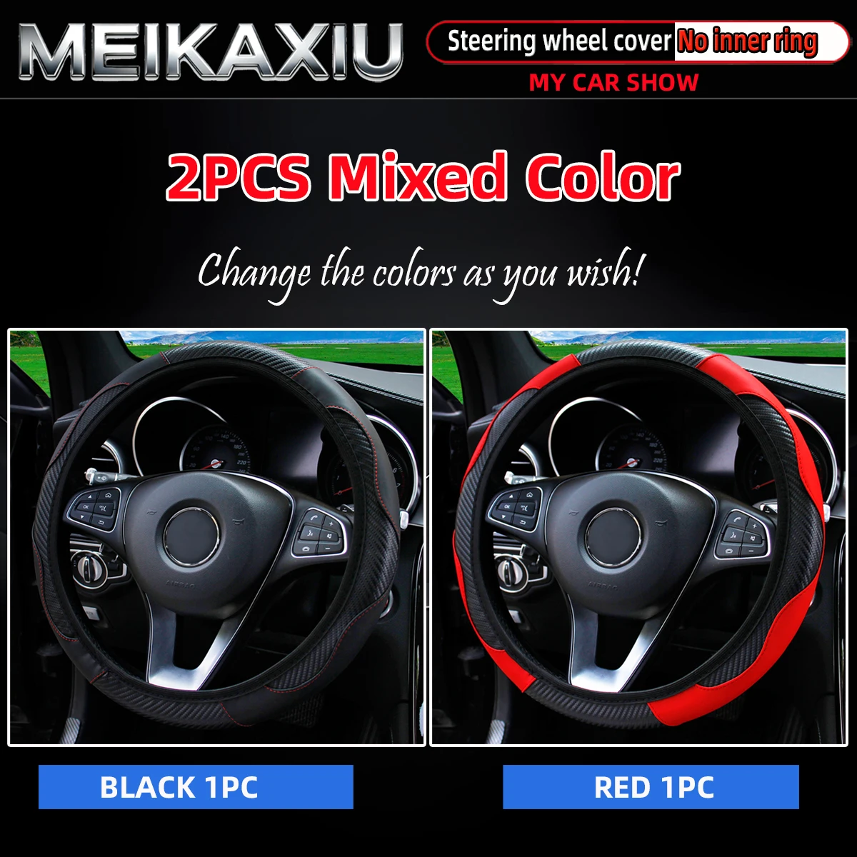 2PCS Women's PU Carbon Fiber Steering Wheel Cover Set Easy Color Change No Inner Ring Car Decoration Accessories