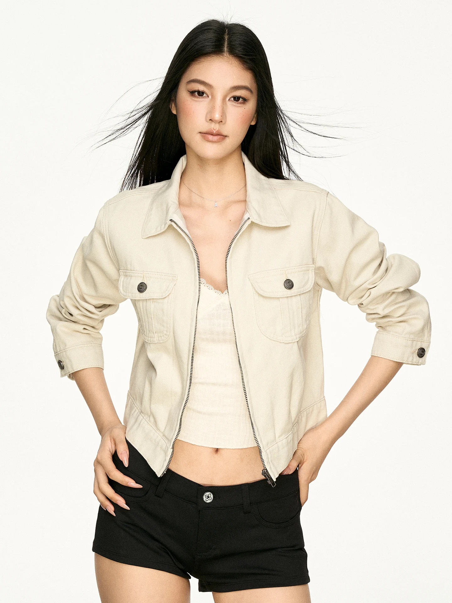 Aaisup American Retro Workwear Jacket Women's Spring Autumn New Design Double Pocket Short Zipper Jacket Pure Color Loose Fit