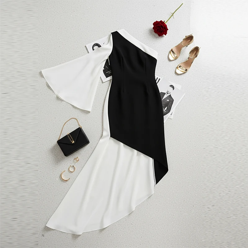 Krisstarsgirls femmes robes de soirée élégantes 2025 automne nouvelles manches évasées haut-bas noir creux une épaule Maxi robe