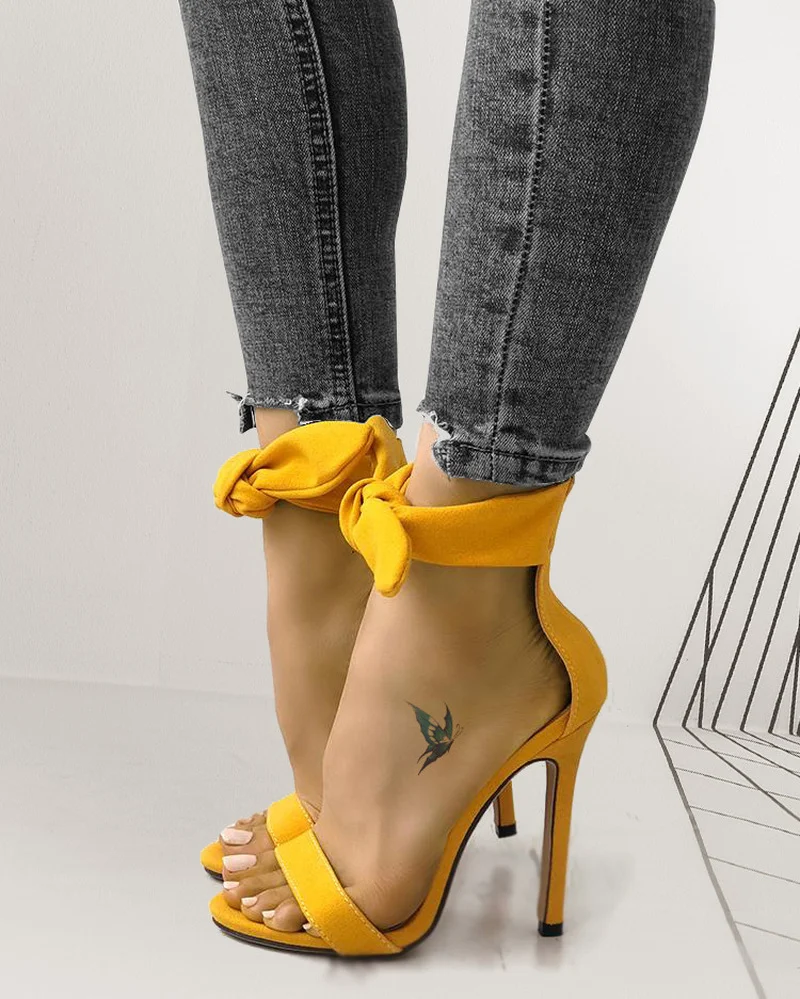 Comemore Ankle Strap Bowknot Shoes Thin Heels Elegant Pumps Women\'s Summer Footwear 2023 Trend New Pink Yellow High Heel Sandals