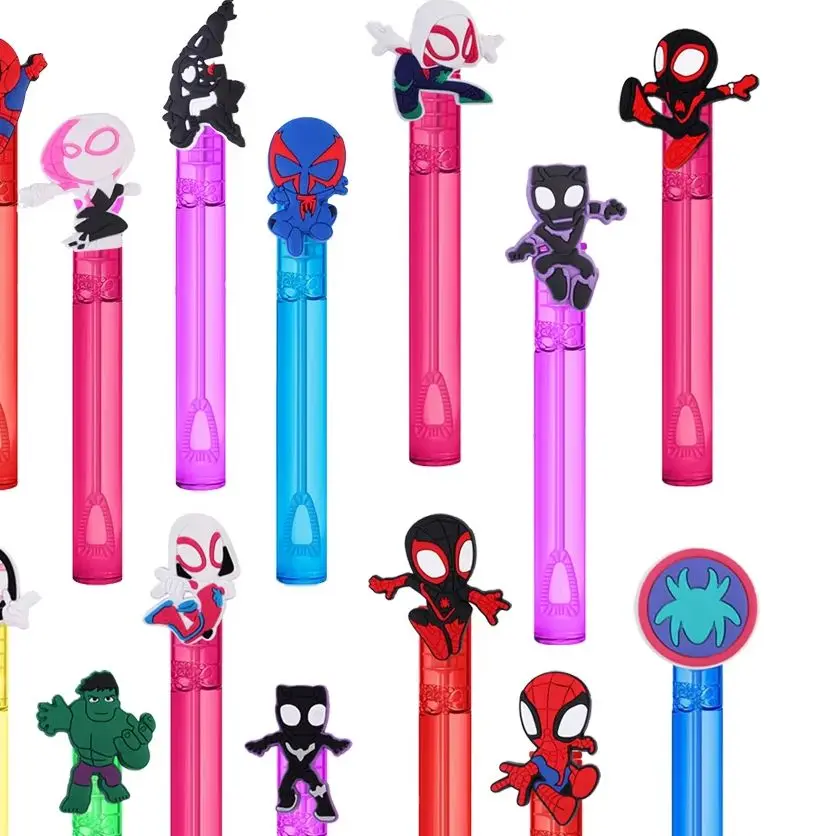Homem-aranha anime herói bolha varinha conjunto para crianças-portátil tridimensional dos desenhos animados bolha soprando brinquedo diy kit de 6 peças