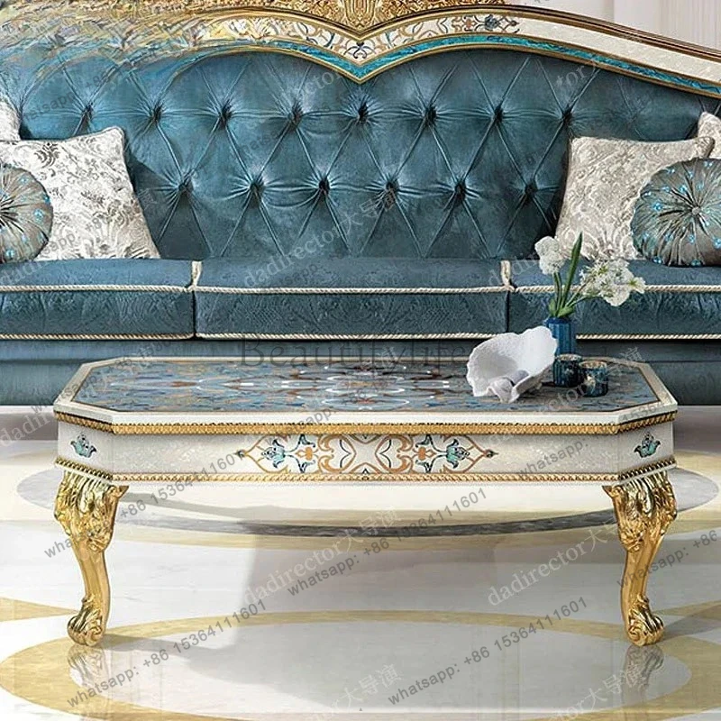 European luxury solid wood carving flower coffee table French shell parquet square table living room tea table furniture