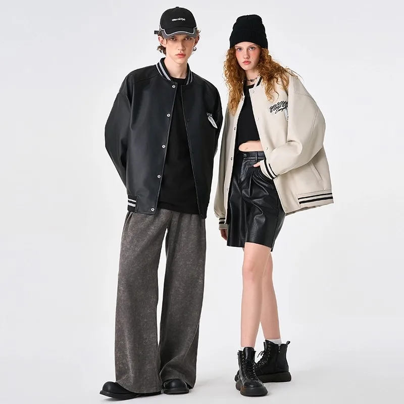  Men's Baseball Jacket Leather Coat American Youth Trendy Casual Loose Fit  Couple Motorcycle Coat Streetwear y2k clothes
