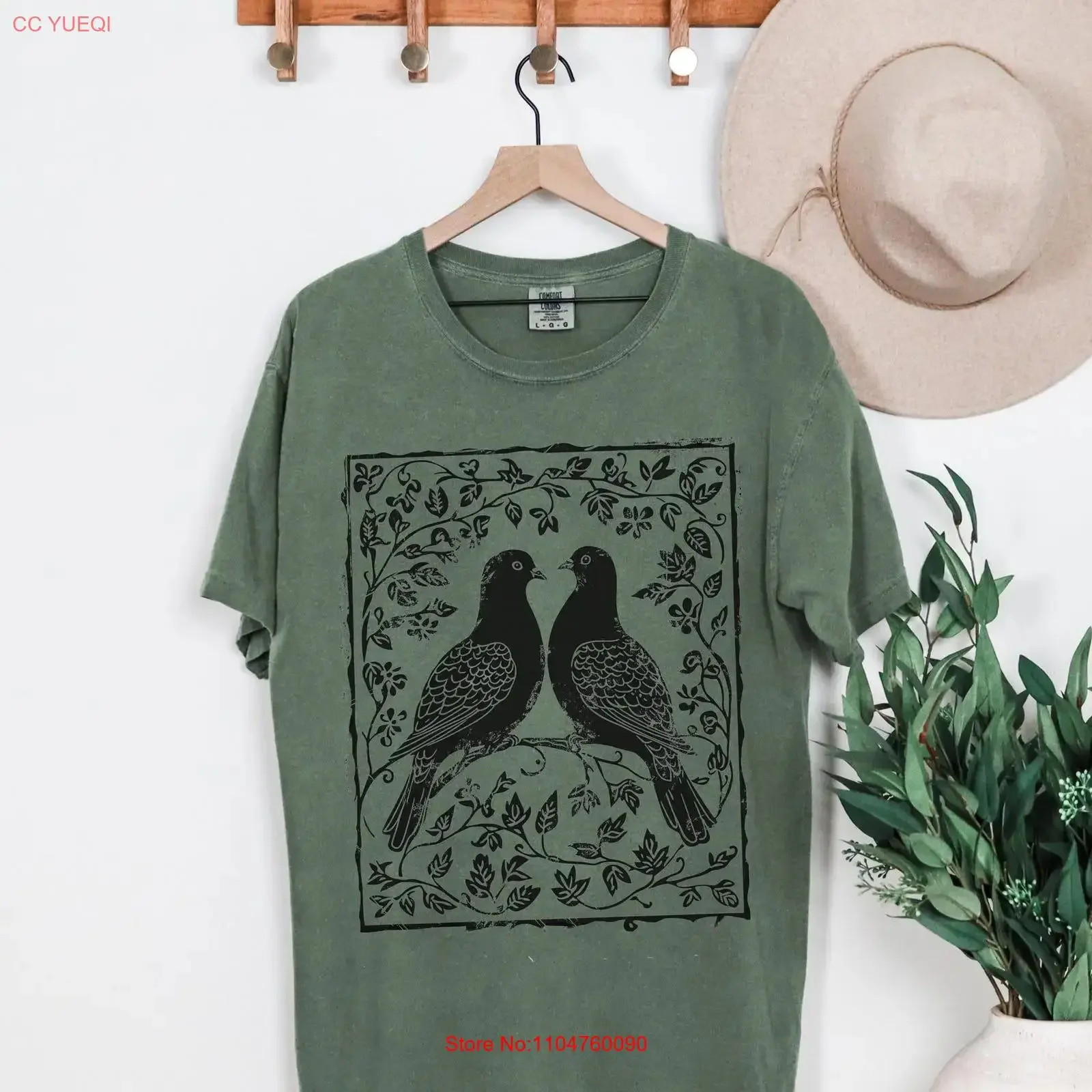 Block Print Pigeons T shirt Bird Watching for Birders Nature Lover Botanical vintage Washed fashion Stylish Versatile