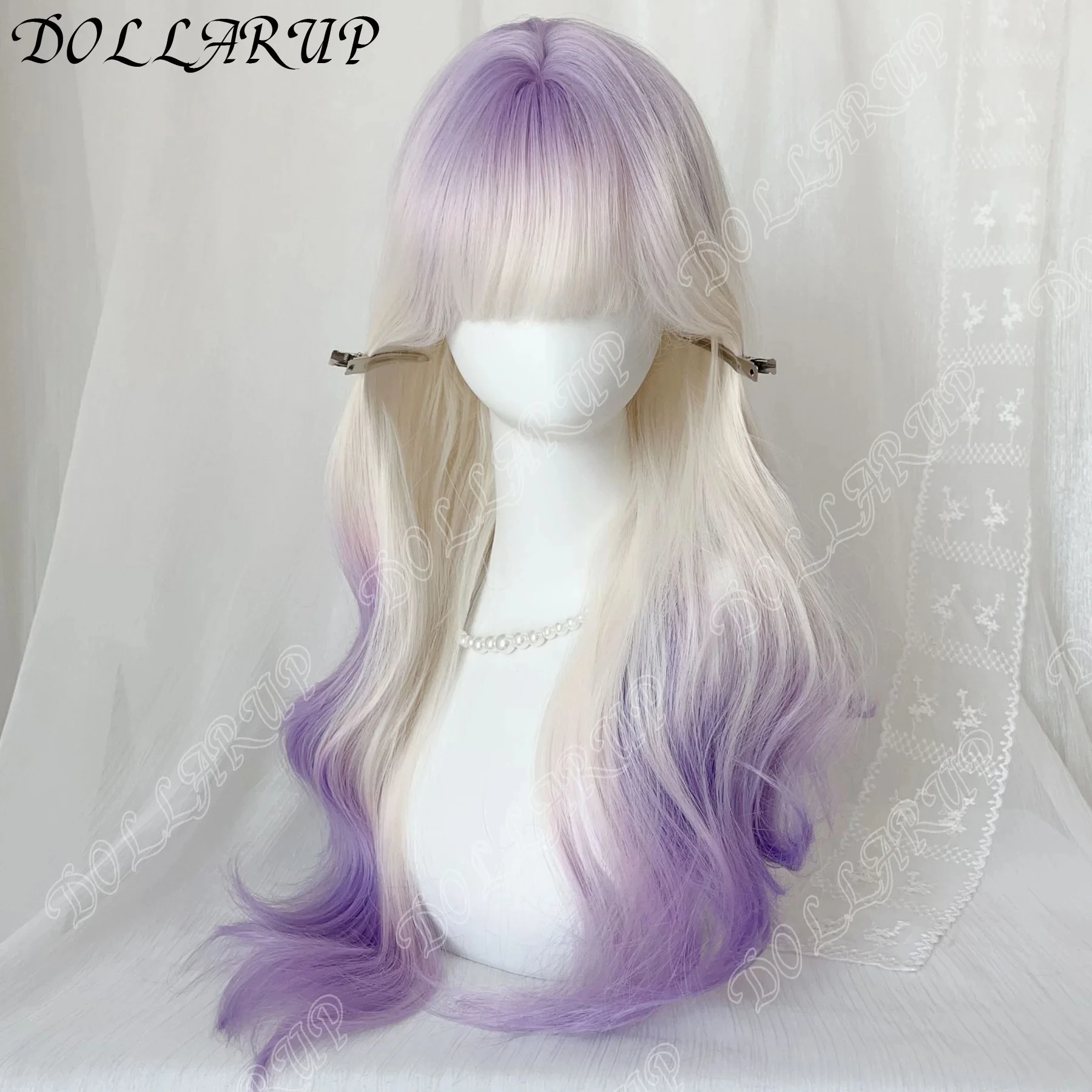 JKL الاصطناعية النساء لوليتا متموج مجعد الحليب الأبيض التدرج البنفسجي اللون طويل مجعد خصلات الشعر المستعار مع الانفجارات شعر مستعار تأثيري #2