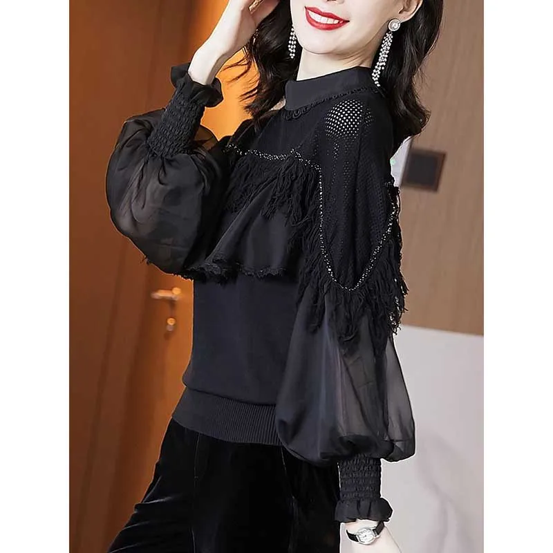 Elegant Gauze Spliced Beading Tassel Ruffles Blouses Women\'s Clothing 2024 Spring New Loose Korean Tops Lantern Sleeve Shirts