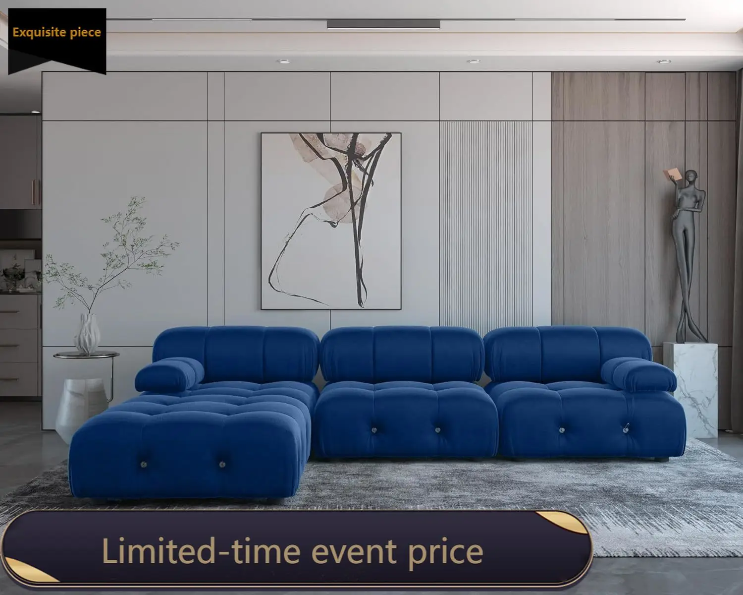 

104" Modular Sectional Couch, L-Shaped Velvet Sofa, Reversible Chaise Ottoman (Blue)