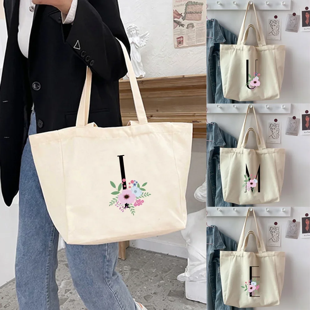 

Women's Shopping Organizer Bags Canvas New Style Flower and Black Letter Series Shoulder Bags Reusable Casual Handbag Tote Bags
