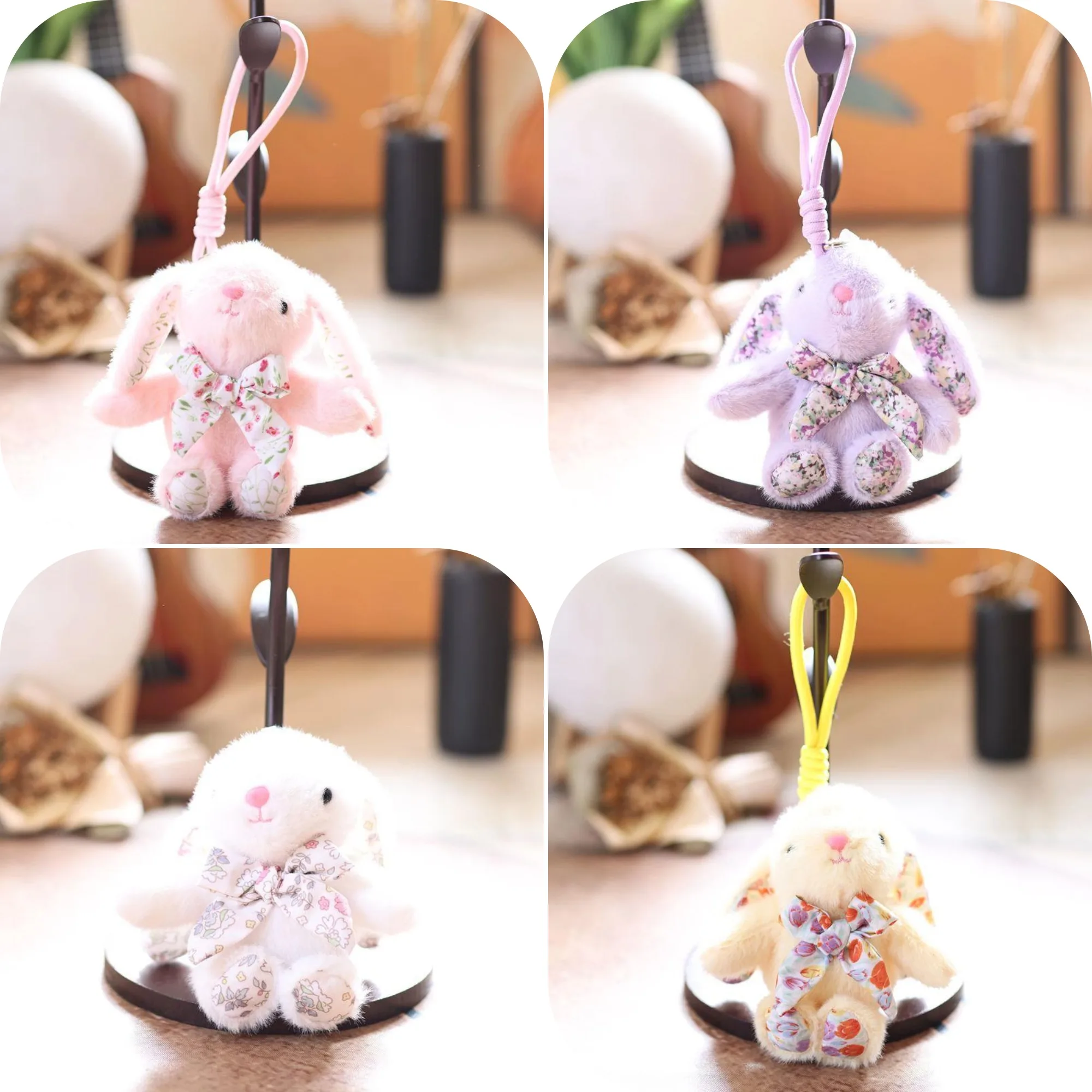 Conejo de peluche con orejas caídas y lazo Floral de dibujos animados de 15cm, muñeco de conejito de peluche, mochila, bolso colgante, decoración colgante, regalos de cumpleaños