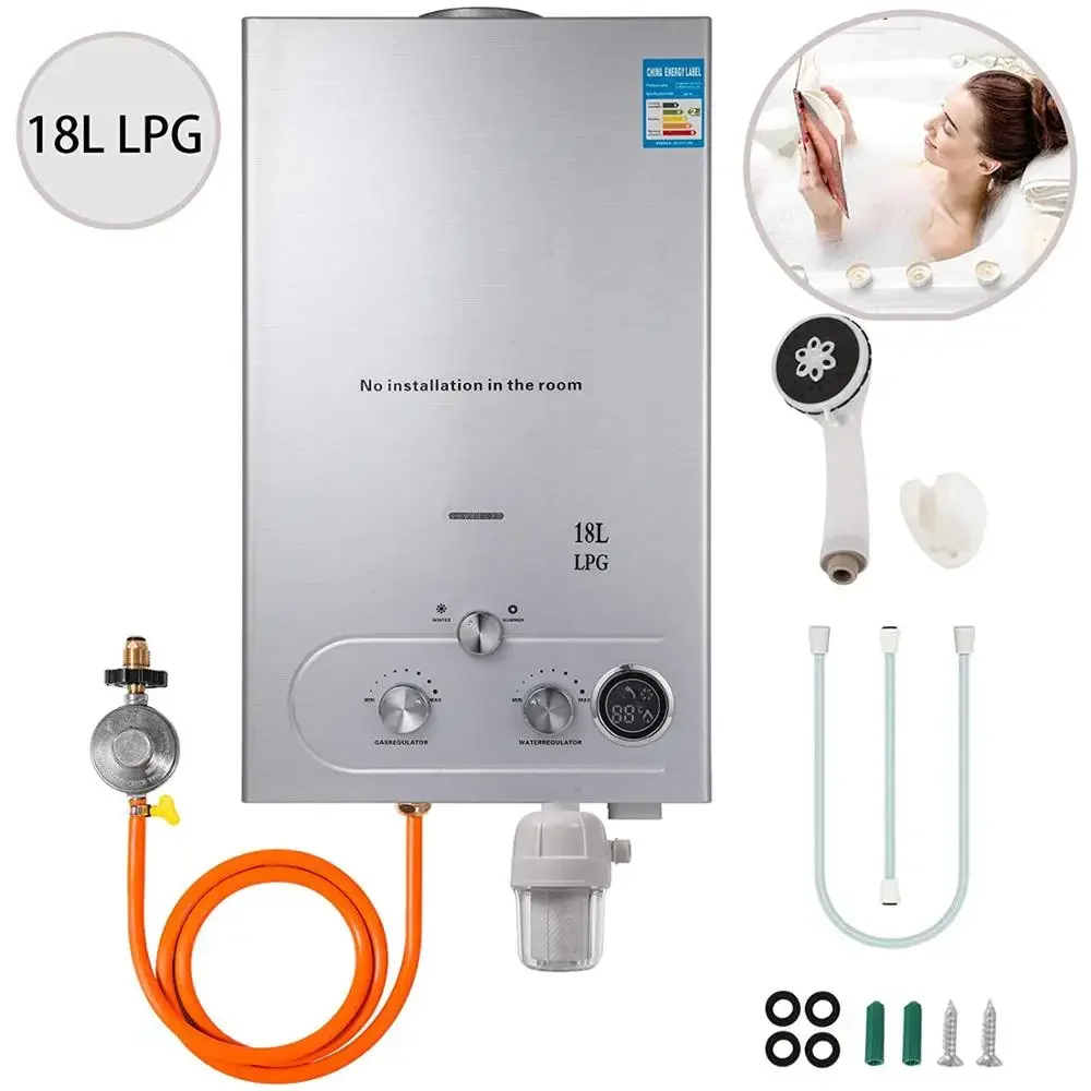 18L Propane Hot Water Heater 36KW Tankless Instant Boiler Stainless Steel LPG/Petroleum Gas Water Heater with Shower Head Kit