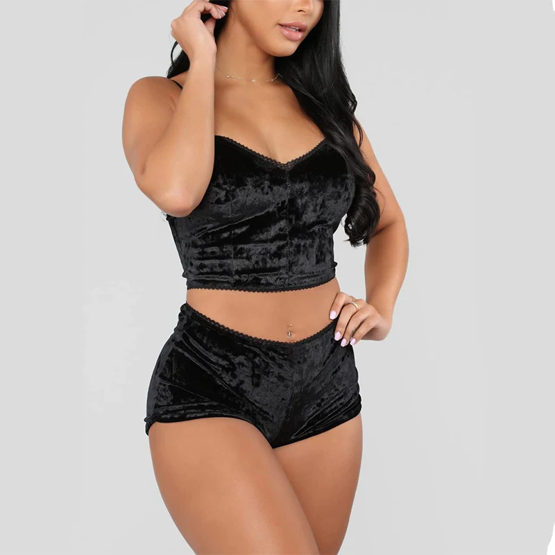 Women's Sexy Black Gold Velvet Suspender Pajama Set, 2-Piece Soft Sleepwear Loungewear for Home & NightSexy Suspender Sleepwear Set Black Gold Velvet Two-Piece Set Suspender Home Women's Sleepwear Set