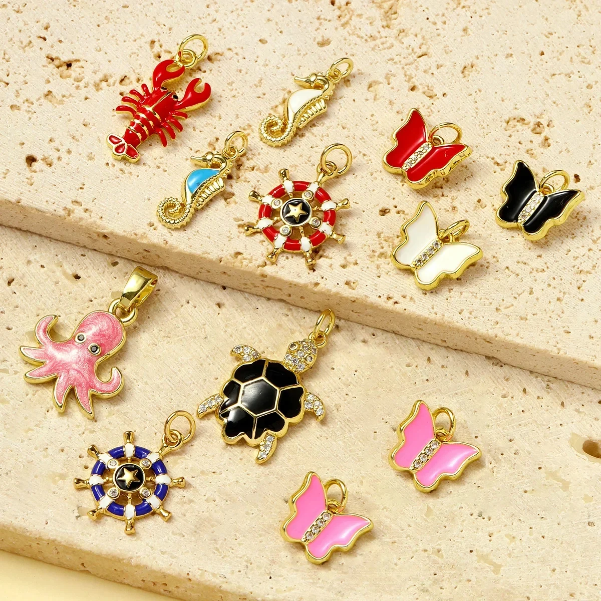 3pcs/Lot Butterfly Copper Zircon DIY Charms Seahorse Turtle Necklace Pendants Women Rudder Lobster Jewelry Wholesale
