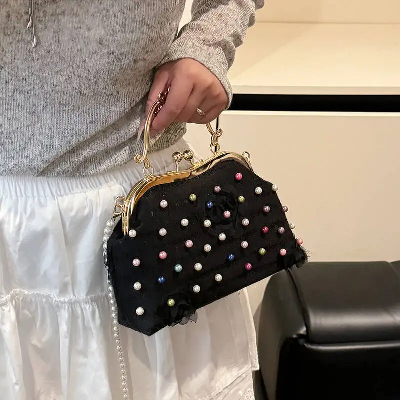 

New Retro-style 3D Floral Beaded Handbag Metal Clasp Pearl Tote Bag Elegant Evening Clutch Chain Shoulder Crossbody Clutch Bag