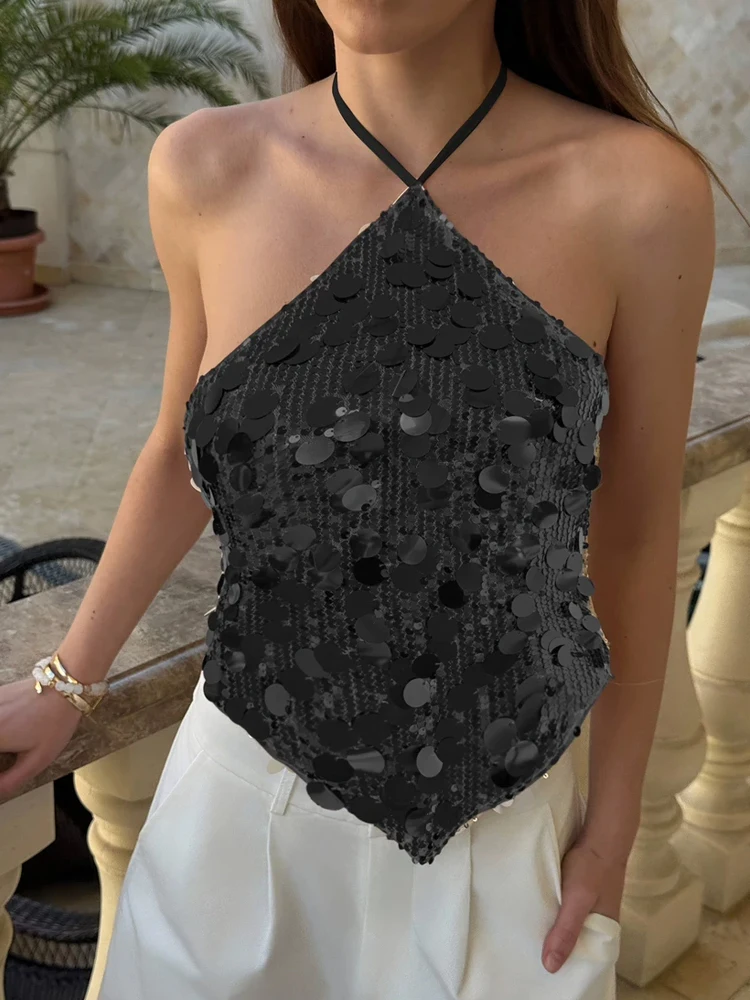 Sommerliches rückenfreies Glitzer-Club-Tanktop – Sexy Neckholder-Pailletten-Weste, modisches Hot-Girl-Oberteil mit Cut-Outs und unregelmäßigem Schnürdesign