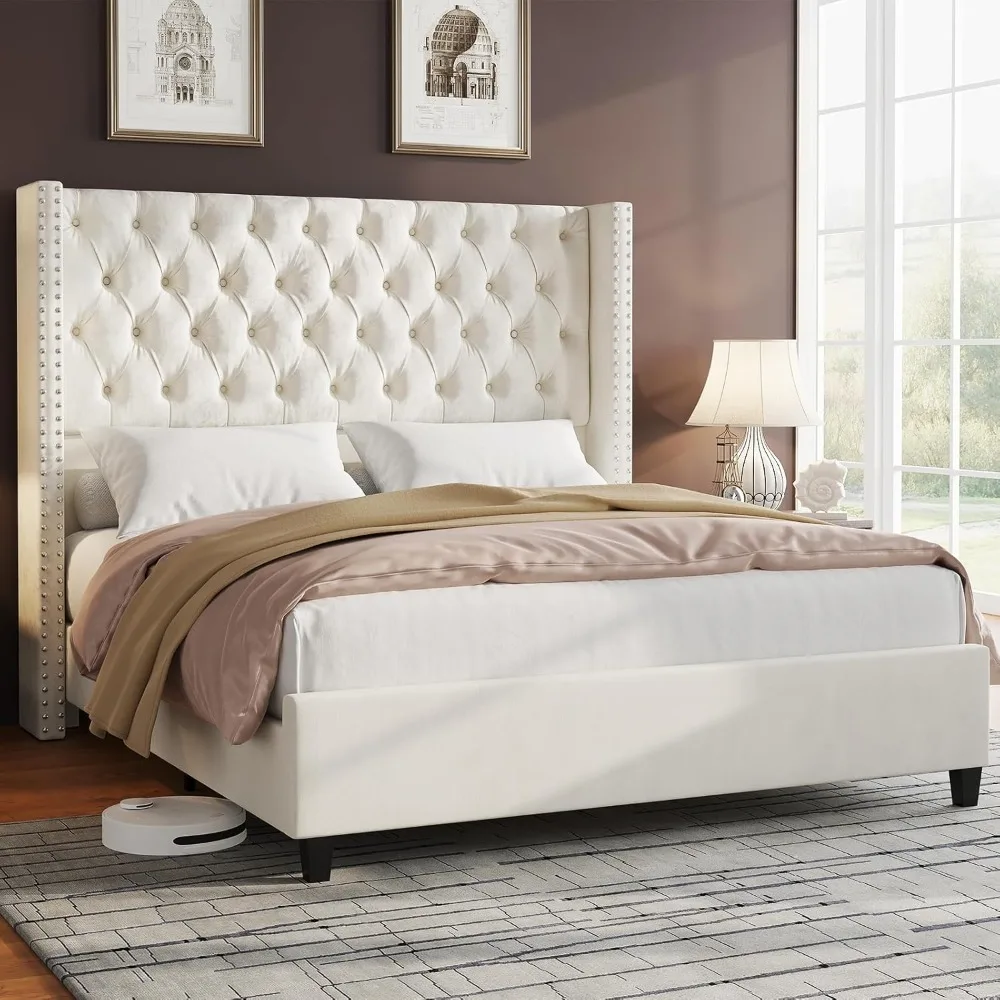 Queen Size Velvet Upholstered Platform Bed Frame with Tall 51.6