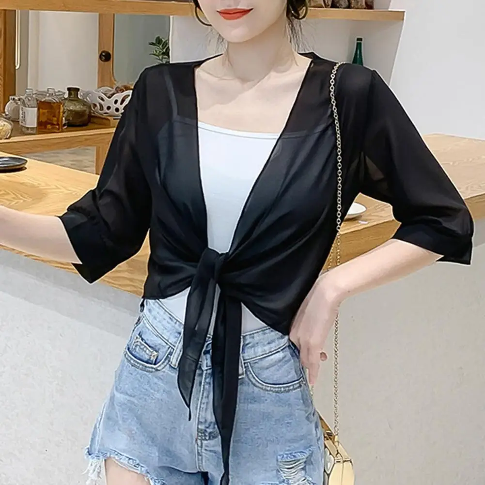 Women Shawl Short Cover Ups Solid Color Cardigan Perspective Anti UV Women Cape Sun Clothing