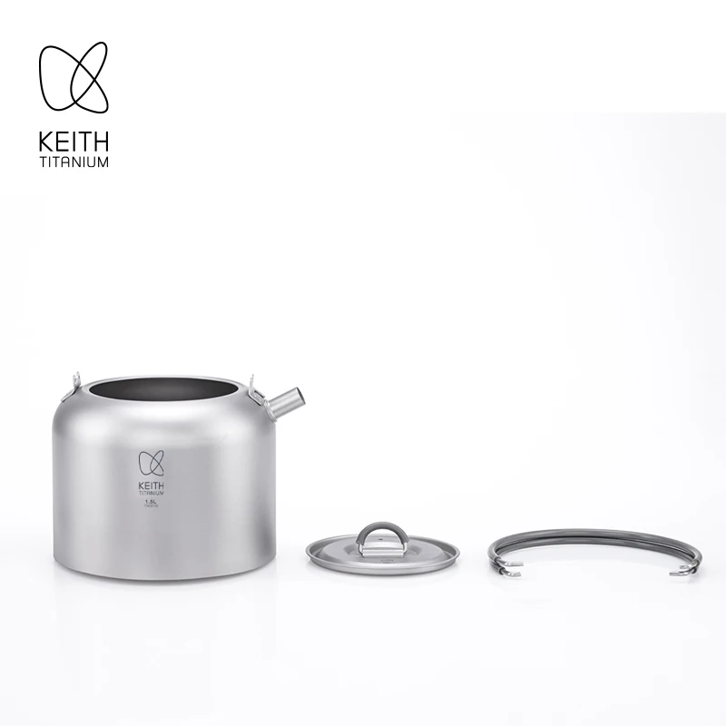 Keith Titanium Outdoor Kettle 1.5L Fast Boiling Ultralight Teapot with Storage Net Pouch, Multi Stove Compatible for Camping
