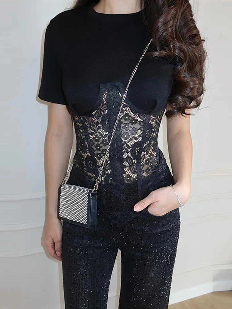 

White Lace Patchwork Slim Shirt Women Fashion Short Sleeve Round Neck Back Lace Up See Through Shirts 2026 Lady Street Top Wears