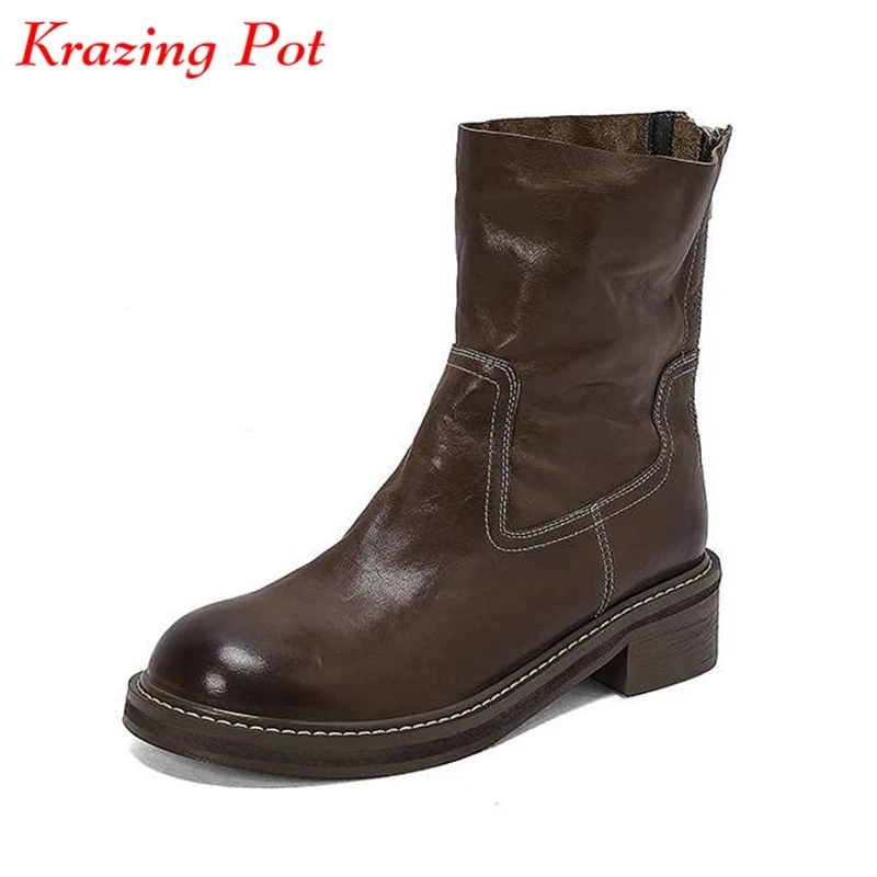 

Krazing Pot Ins Full Grain Leather Round Toe Winter Keep Warm Chelsea Boots Zipper Med Heels Vintage Luxury Gorgeous Ankle Boots