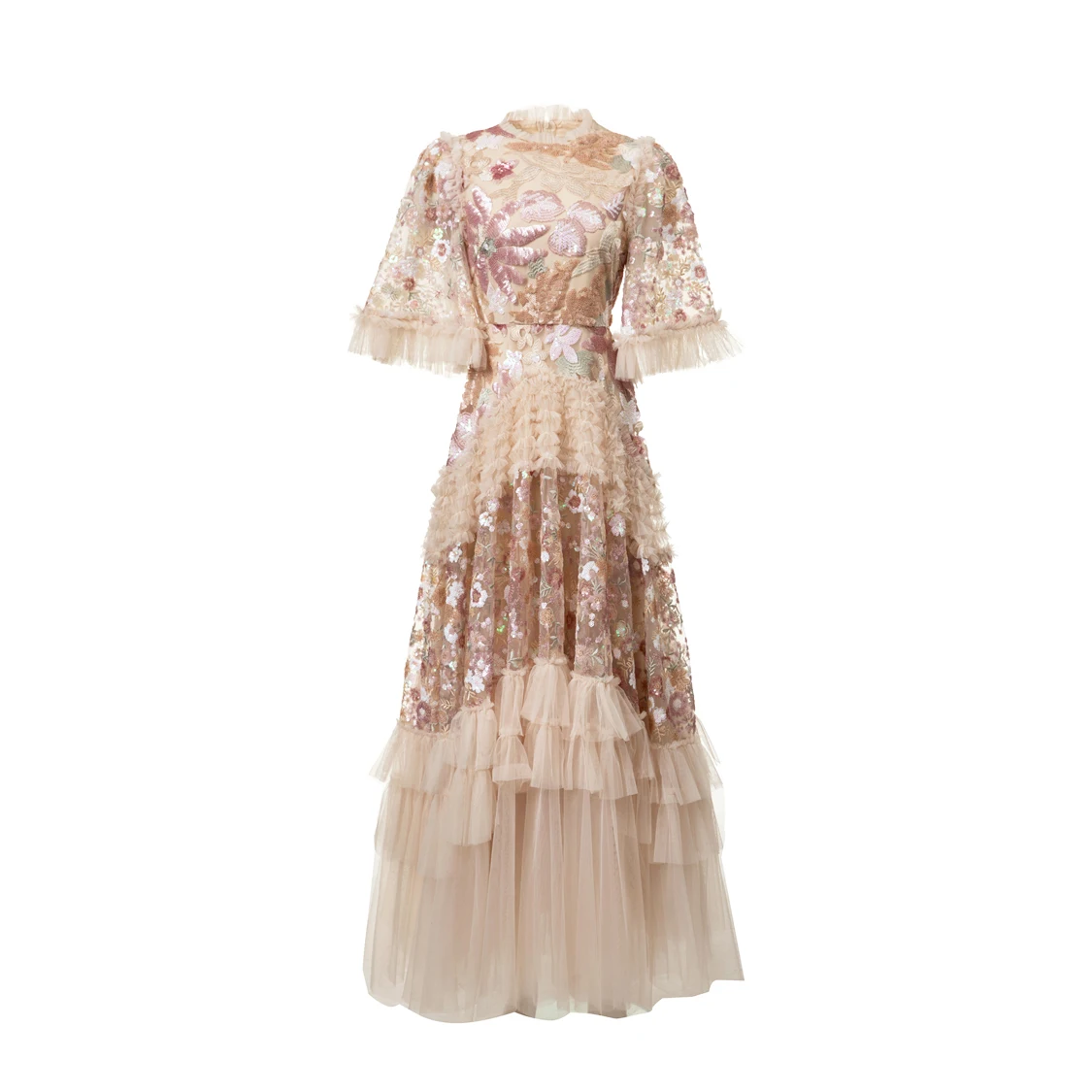 Vestido de mujer con cuello redondo, manga corta, retales florales con lentejuelas, volantes, elegante vestido de fiesta de graduación de diseñador, Maxi Vestidos S- 4XL