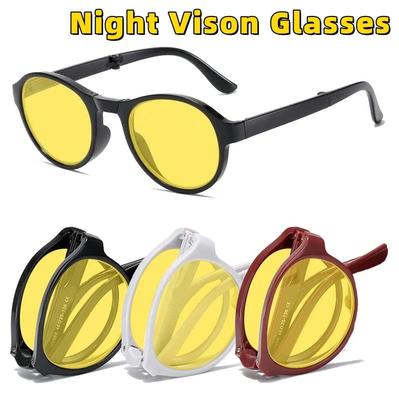 

Stylish Foldable Portable Night Vision Glasses Retro Round-Frame Anti-Blue Light Eyewear Outdoor UV-Protective Sunglasses Unisex