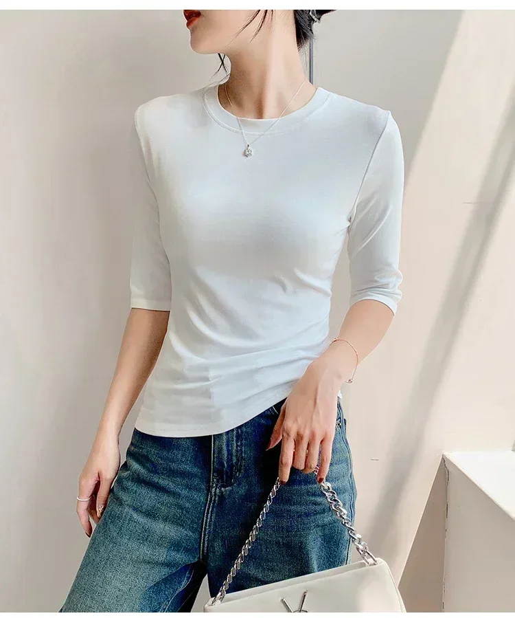 2026 Basic Einfarbiges Kurzarm-T-Shirt mit Rundhalsausschnitt, Eng Anliegend, Sommerliches Casual-Oberteil für Damen, Y2K Vintage Top, Harajuku Streetwear – Detail 4
