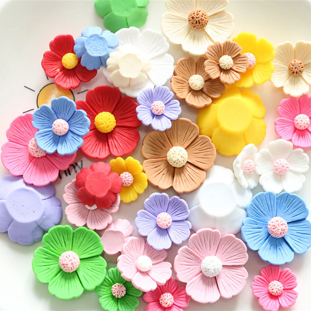 Cabochões de resina com parte traseira plana em miniatura, flor de cinco pétalas de 21mm-34mm para grampo de cabelo, scrapbooking, decoração de casa diy, acessórios de artesanato com 10 peças