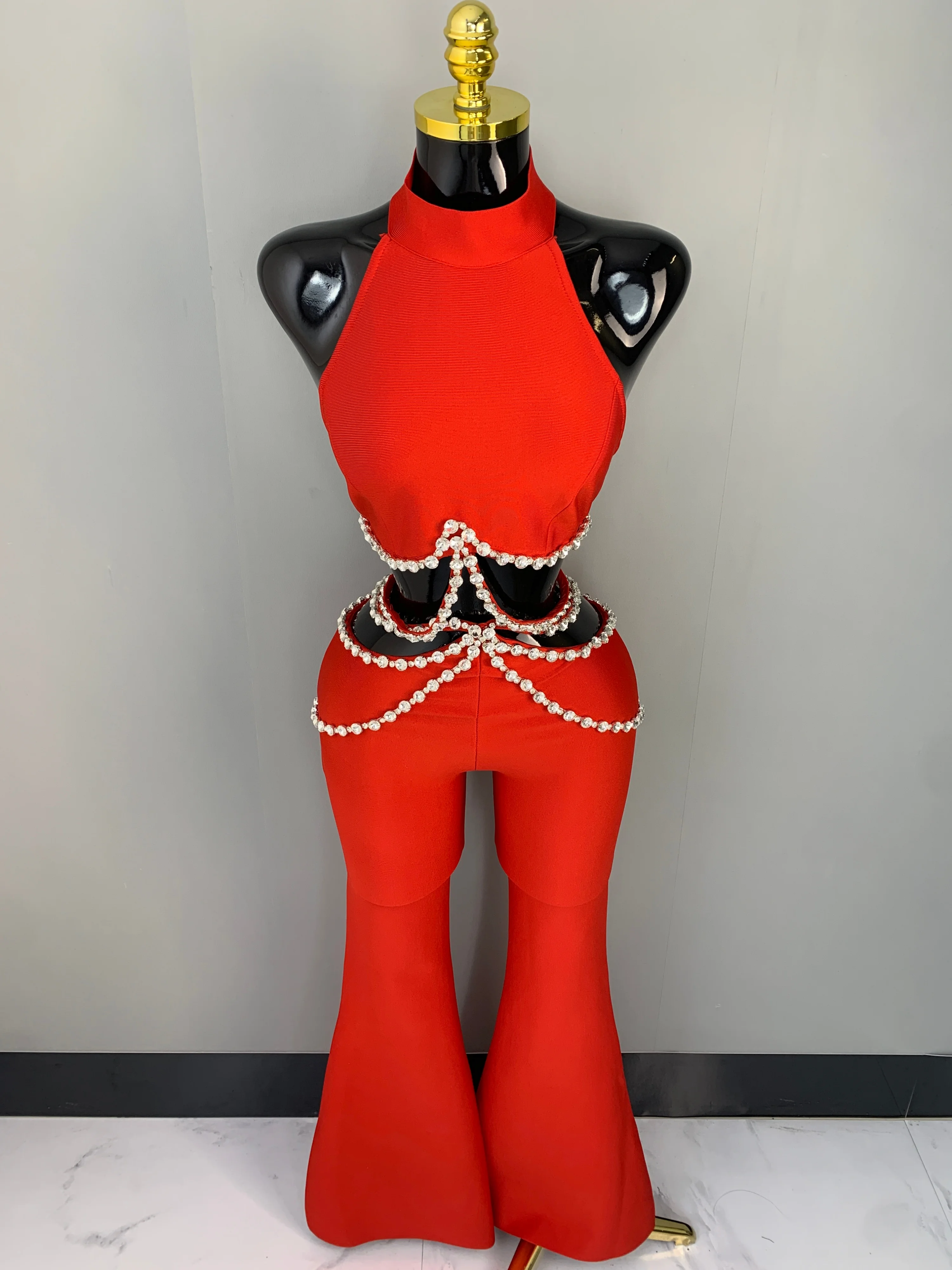 

Women Sexy Luxury Rhinestone Red Cut Out Two Piece Pants Bandage Set 2026 Celebrity Designer Fashion Women's Set Stage Outfit