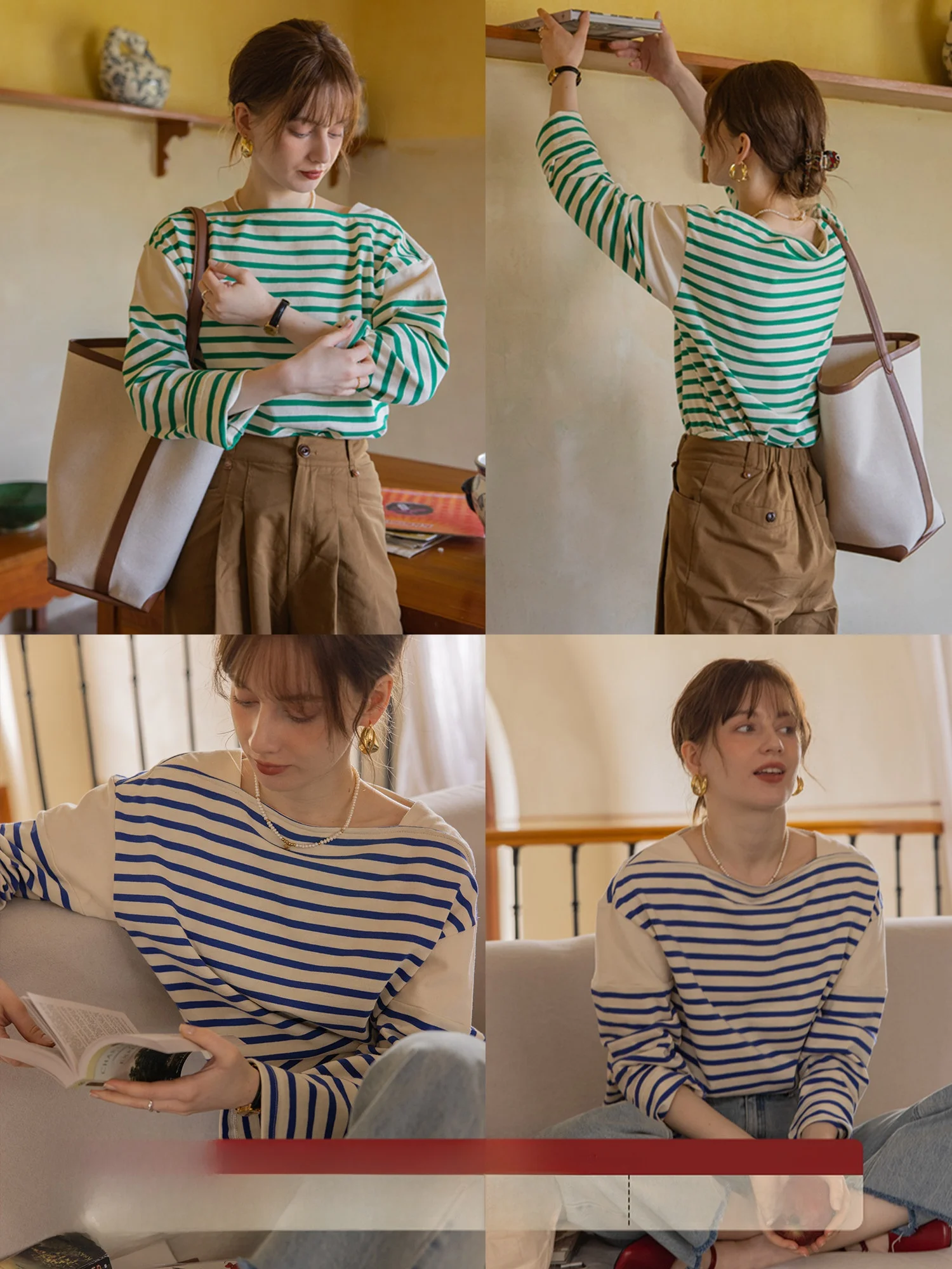 

Dailyart Striped Long Sve T-irt Women Casual Versatile Pure Cotton Base One oulder Top Comfortable Breathable Autumn Wear