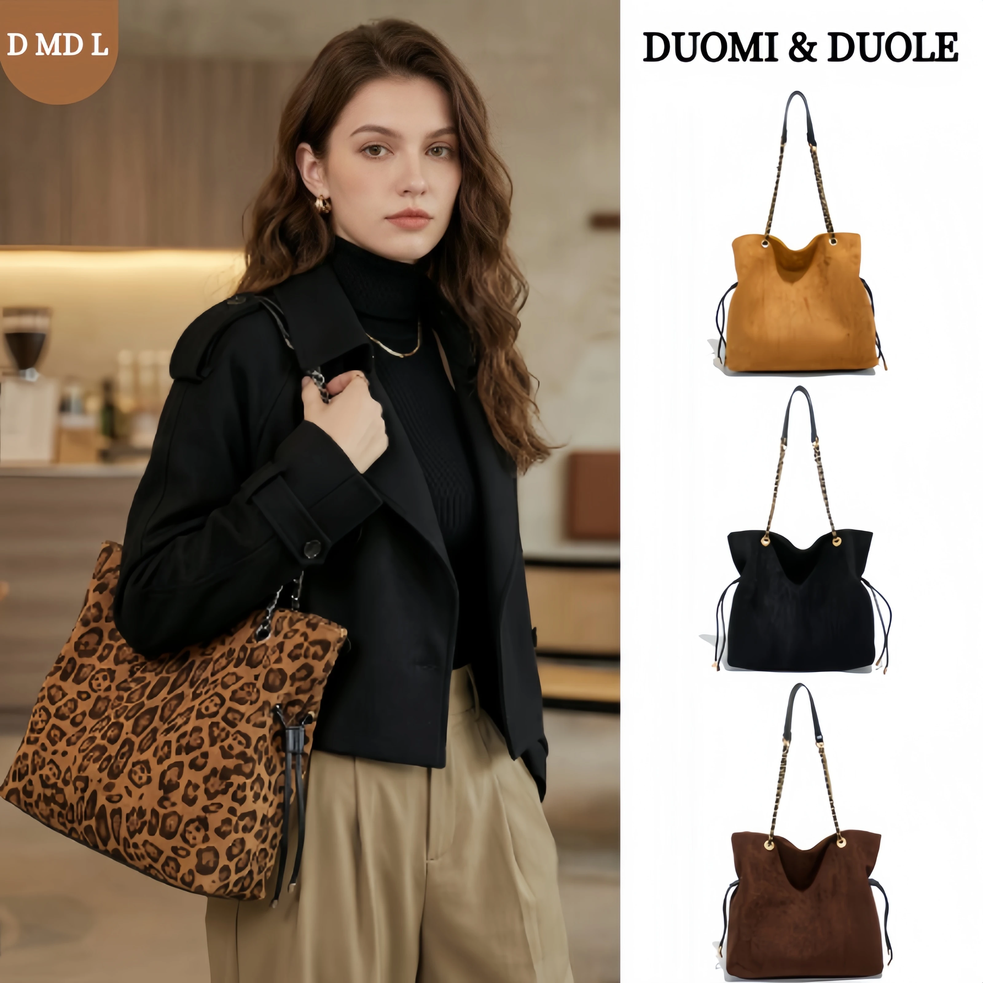

2026 Spring Retro Wild Leopard Print Suede Fabric Bucket Bag Women's Chain Strap Drawstring Daily Street Fashion Bag Ready Stock