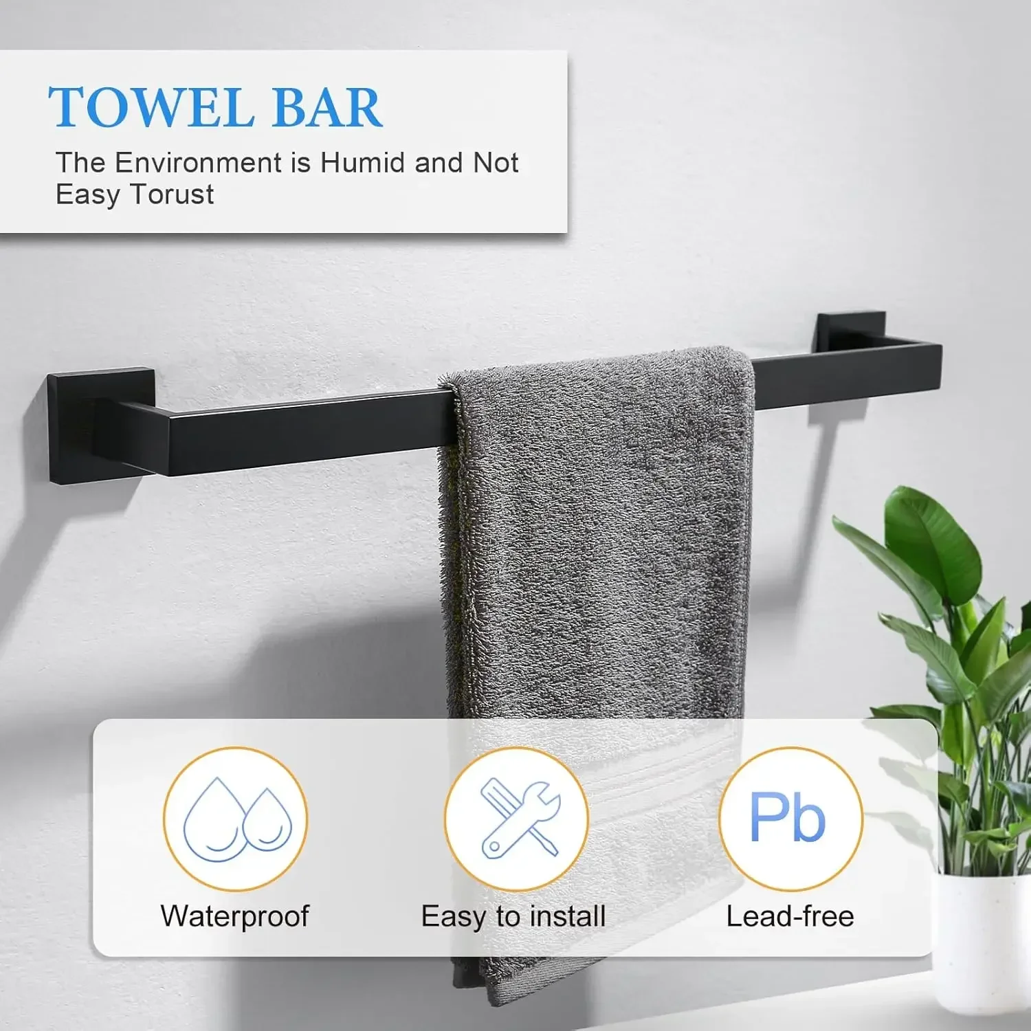 6-Piece Black Bathroom Hardware Set 23.6 Inch Towel Bar Set Double Towel Bar Towel Ring Coat Hook and Toilet Paper