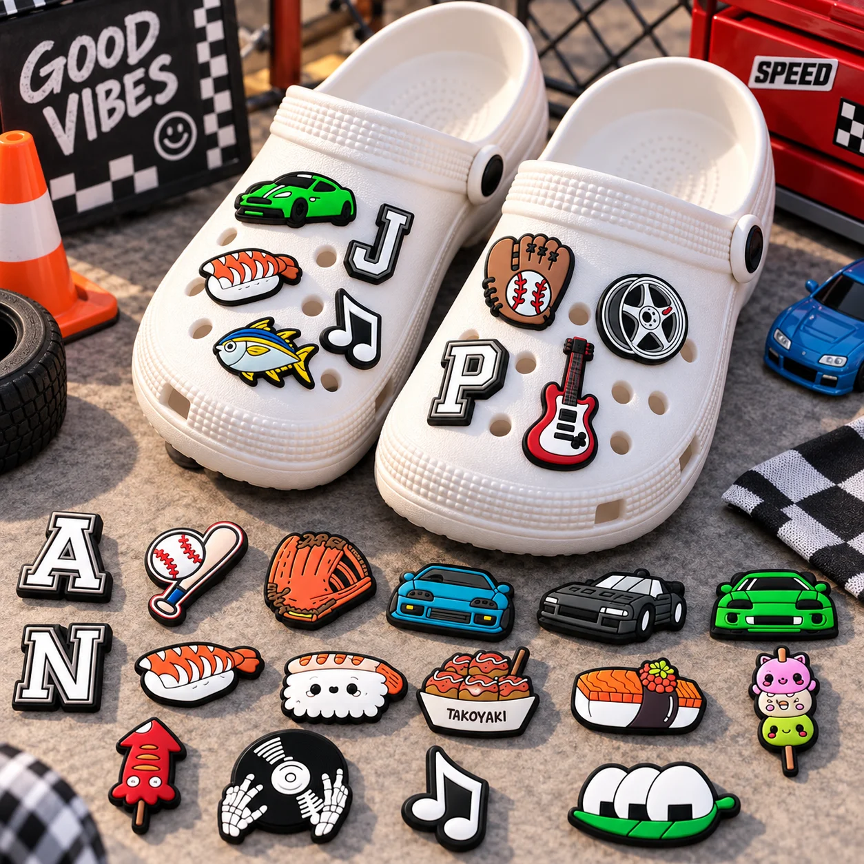 1/25PCS JDM Car Sushi Shoe Charms Set Baseball Guitar PVC Pins for Clogs Streetwear Accessories Gift for Teens Boys