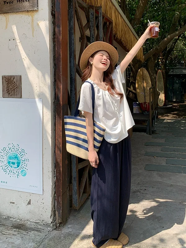 

plus Size Casual Set Summer New Design Belted Short Sleeve Shirt High Waist Skirt Loose Fit Long Pants Fashionable Ensemble