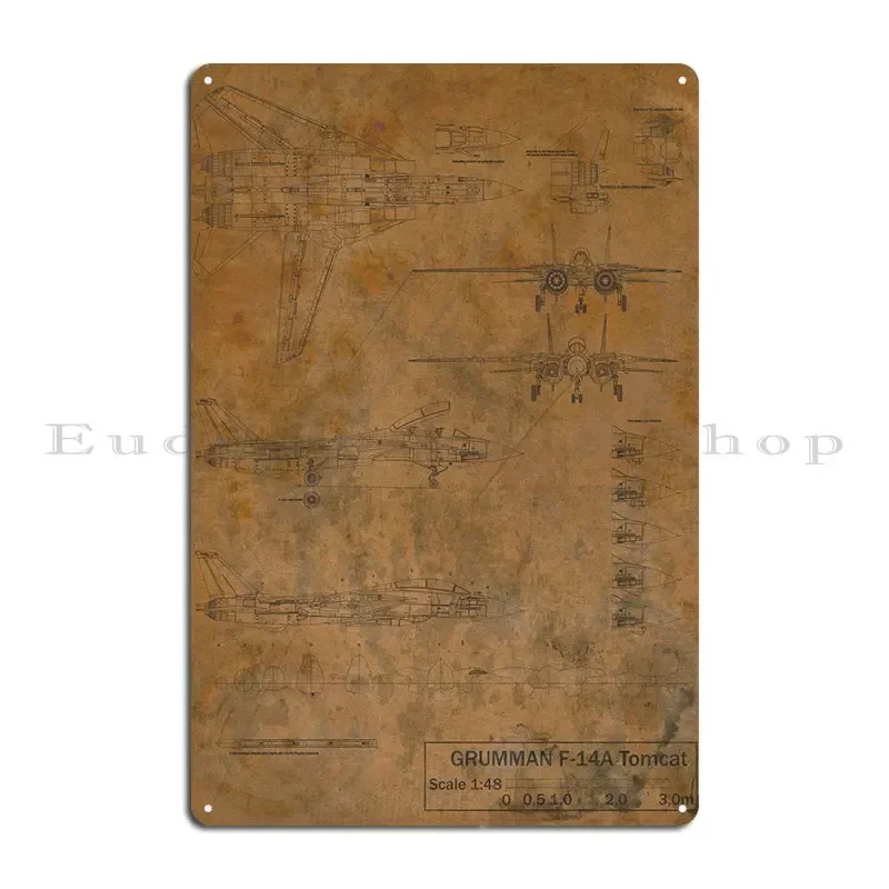 F14 Tomcat Blueprint Metal Sign Cinema Party Garage Designing Cinema Tin Sign Poster