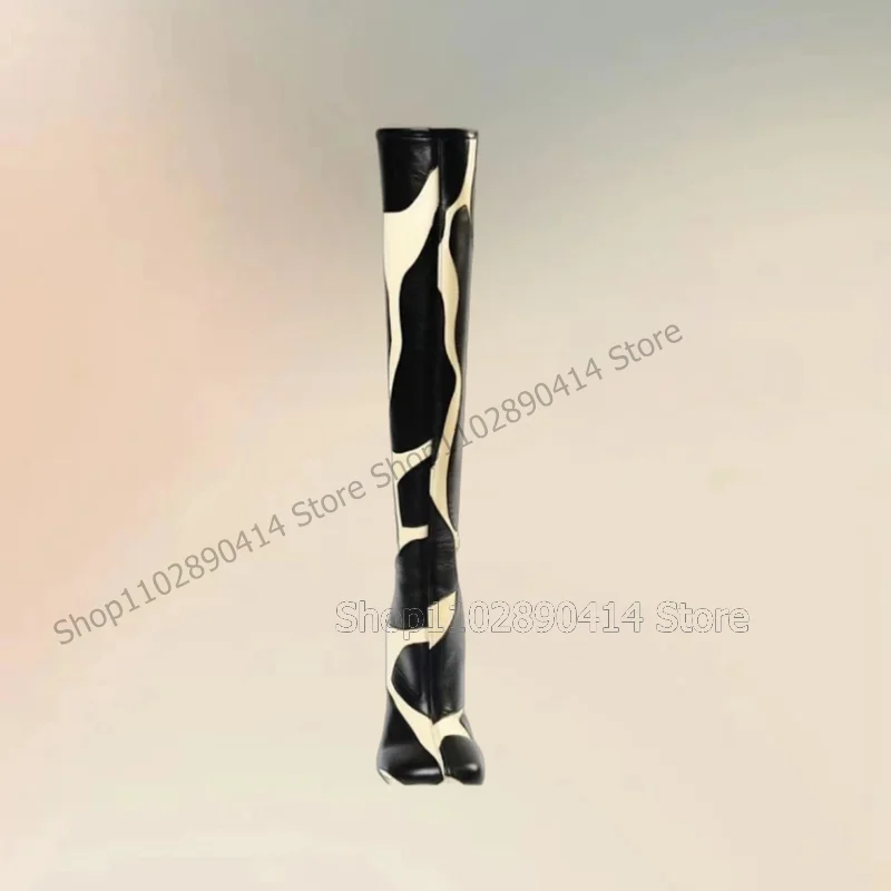 Black White Dairy Cow Print Square Toe Boots Back Zipper Women Shoes Thin High Heels Fashion Banquet 2024 Zapatos Para Mujere