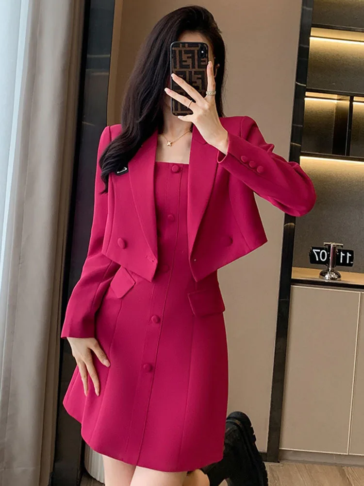 Sweet Solid Short Blazer Jacket + Slip Mini Dresses Outfits Fashion Professional Set New Women's Suit Autumn Spring 2-piece Sets