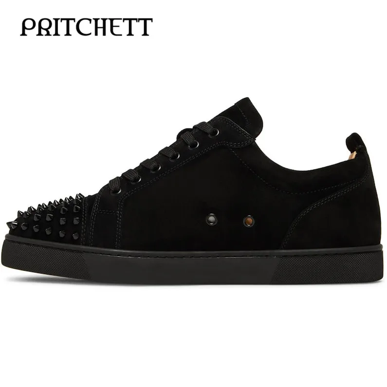 Black Rivet Lace-Up Casual Shoes Round Toe Flat Sole Comfortable Sneakers Large Size Fashionable Shoes for Men and Women