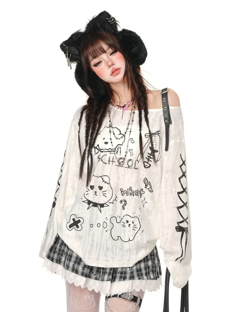 QWEEK Y2k Coquette Kawaii Cute Print T Shirt Gothic Goth Harajuku Punk Off Shoulder Loose Oversize Tees 2024 Autumn