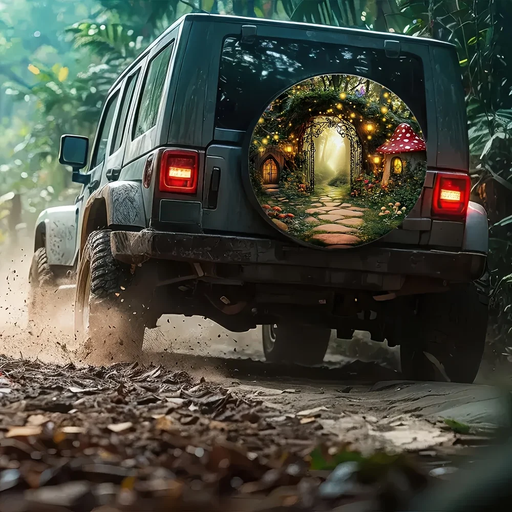 1pc Enchanted Forest Mushroom House Tire Cover - Easy Install, Machine Washable Polyester Fabric, Fit For Mountain & Travel Use,