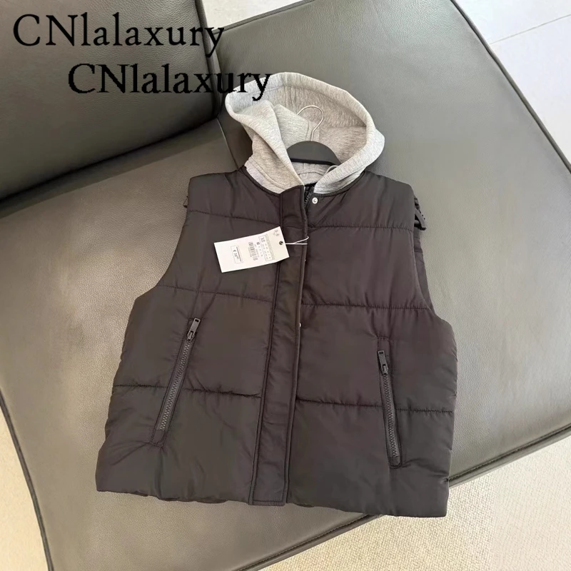 CNlalaxury Casual Street Style Cotton Vest Women Splicing Design Sleeveless Hooded Cotton Jacket Top 2024 Autumn Clothing