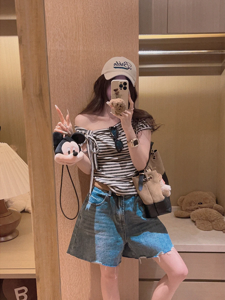 

Полосатая футболка Yukiss с открытыми плечами, повседневная свободная женская футболка с длинными рукавами и принтом, модный летний наряд