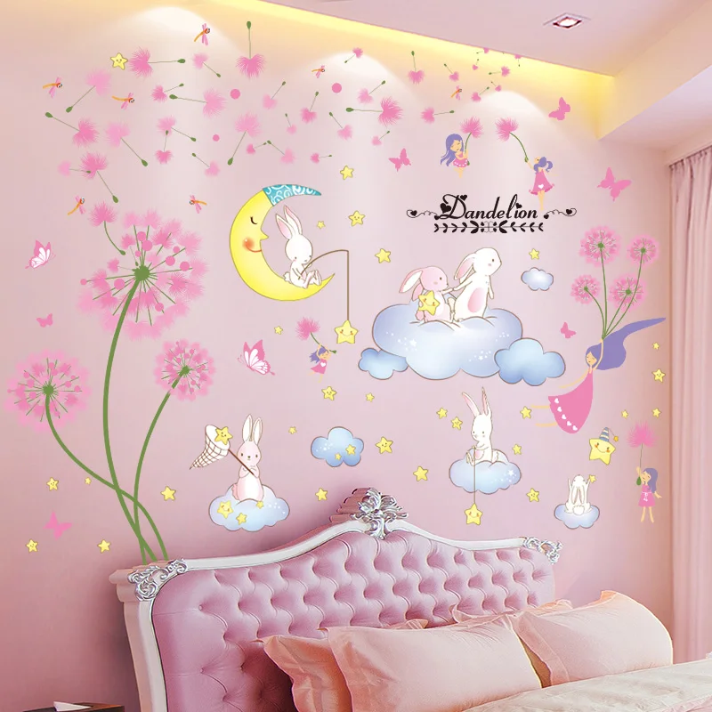 Rabbits Animals Clouds Wall Stickers DIY Dandelions Flowers Mural Decals for Kids Room Baby Bedroom Kindergarten Home Decoration