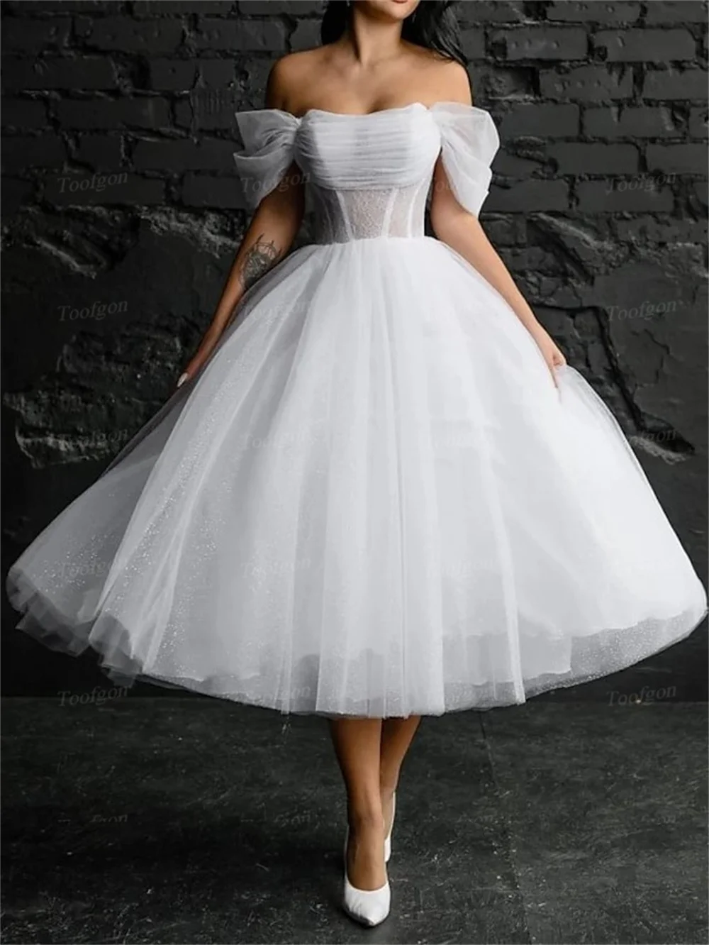 

Customized Shiny Tulle Short Wedding Dresses For Bride Lace Corset Back Bridal Gowns Formal Occasion Party Prom Evening Dress
