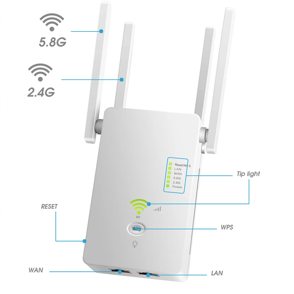 듀얼 밴드 리피터 무선 와이파이 신호 증폭기, 와이파이 익스텐더 라우터 신호 부스터, 1200Mbps