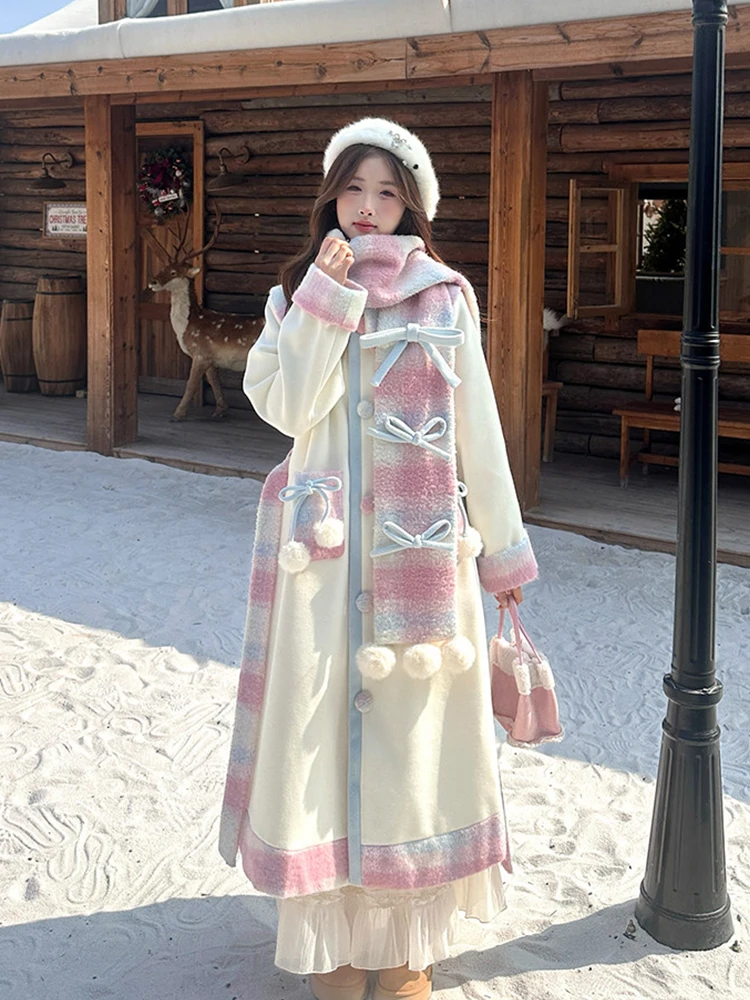 

Cute Sweet Sister Plaid Woolen Coat Women's Winter New Sle Patchwork Design Scarf Woolen Jaet Loose Fit Long Sve