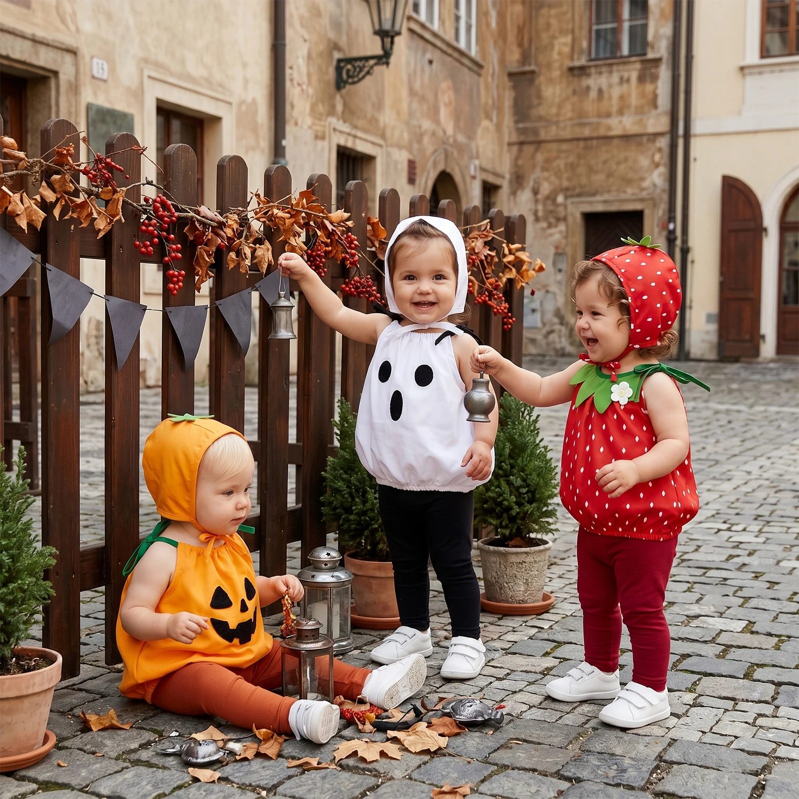 2027 Early Autumn Toddler Baby Halloween Strawberry/Pumpkin/Ghost Costume Halter Neck Romper with Hat
