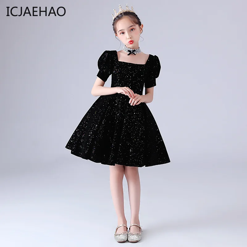 

ICJAEHAO 2024 Girls Party Black Dresses Matching Children Fashion Birthday Evening Elegant Square Collar Princess Clothes Kids