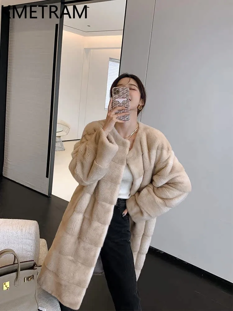 100% Mink Fur Coatผู้หญิงหรูหรากลางความยาวขนสัตว์จริงคุณภาพสูงฤดูหนาวเสื้อผ้าผู้หญิงFurryแจ็คเก็ต 2025ба