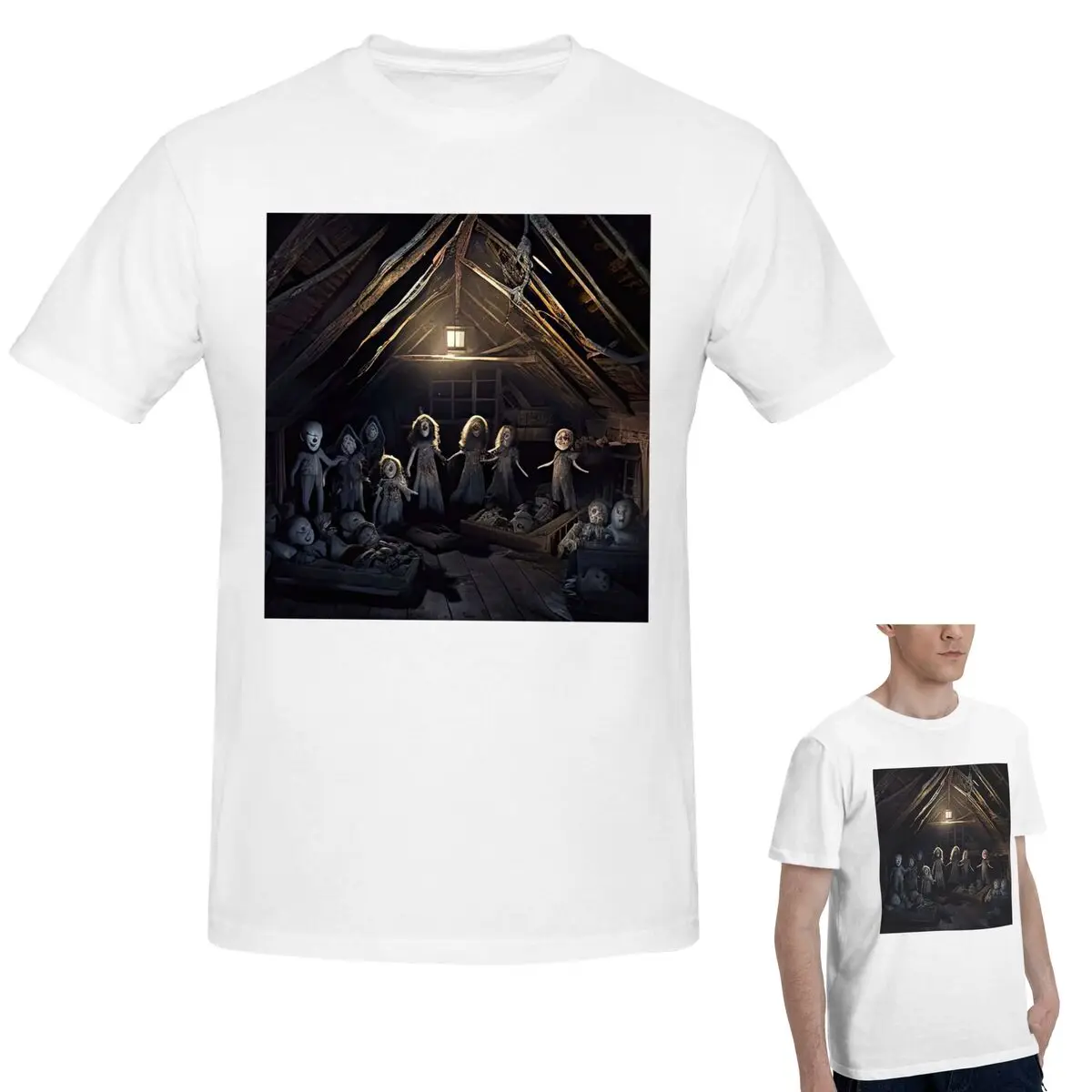

100% Cotton Haunted Attic With Possessed Creepy Dolls T-Shirt Men's Classic Oversized T Shirt Men Round Neck Shirts Tops S-6XL