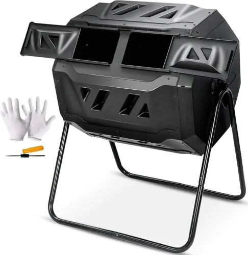 43 Gals Outdoor Compost Tumbler Bin Black Dual Chamber Large Composter Tumbling outdoor chair  outdoor furniture